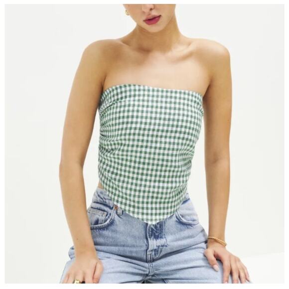 NWT Reformation Dillon Linen Top Green Gingham Size 10 Handkerchief Strapless - Picture 1 of 4
